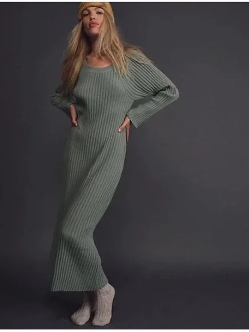 Free People Beach Ribbed Knit Maxi Long Sleeve Dress in Sage Green